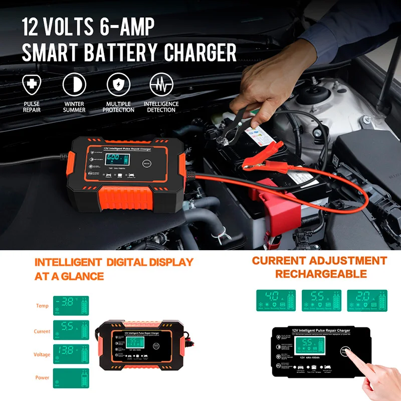 Portable Car Battery Charger 12 volt 6A 7 Portable Car Battery Charger 12 volt 6A near me Touch Screen Pulse Repair LCD Fast Power Charging Wet Dry Lead Acid Digital LCD Display US plug